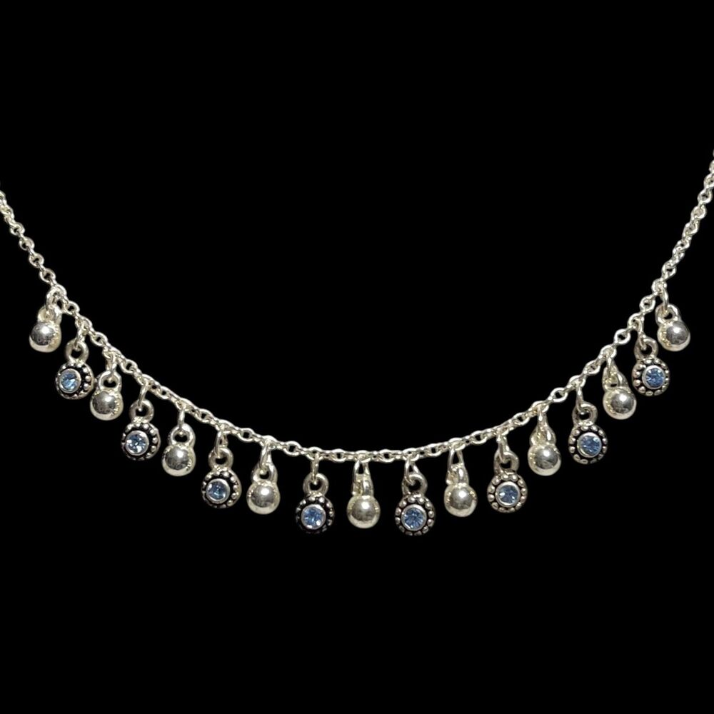Dainty Fringe Necklace Silver Tone Dangle Blue Crystal Feminine Collar 15.25 in.